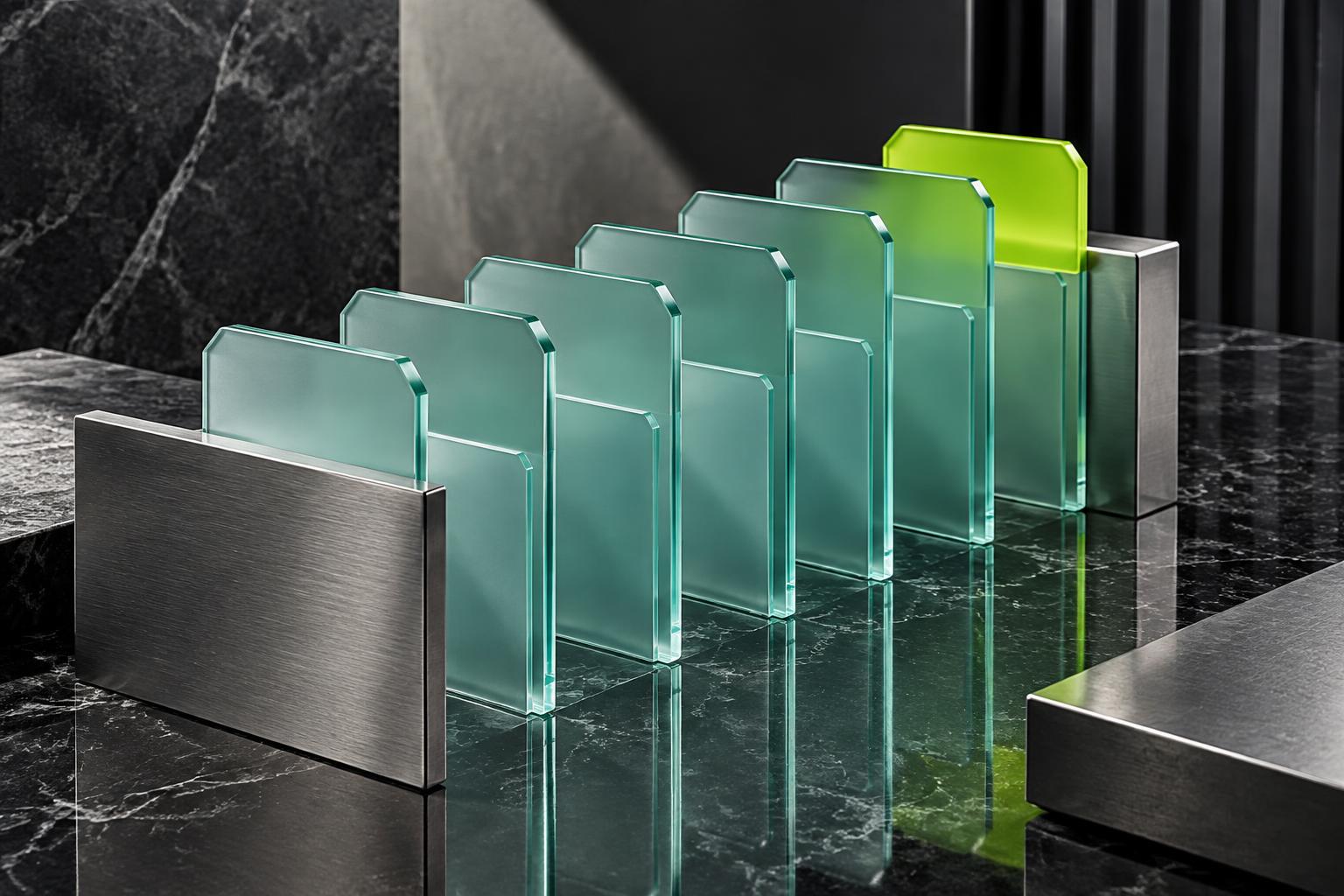 Mint glass contact dividers with a lime accent in a precision metal organiser
